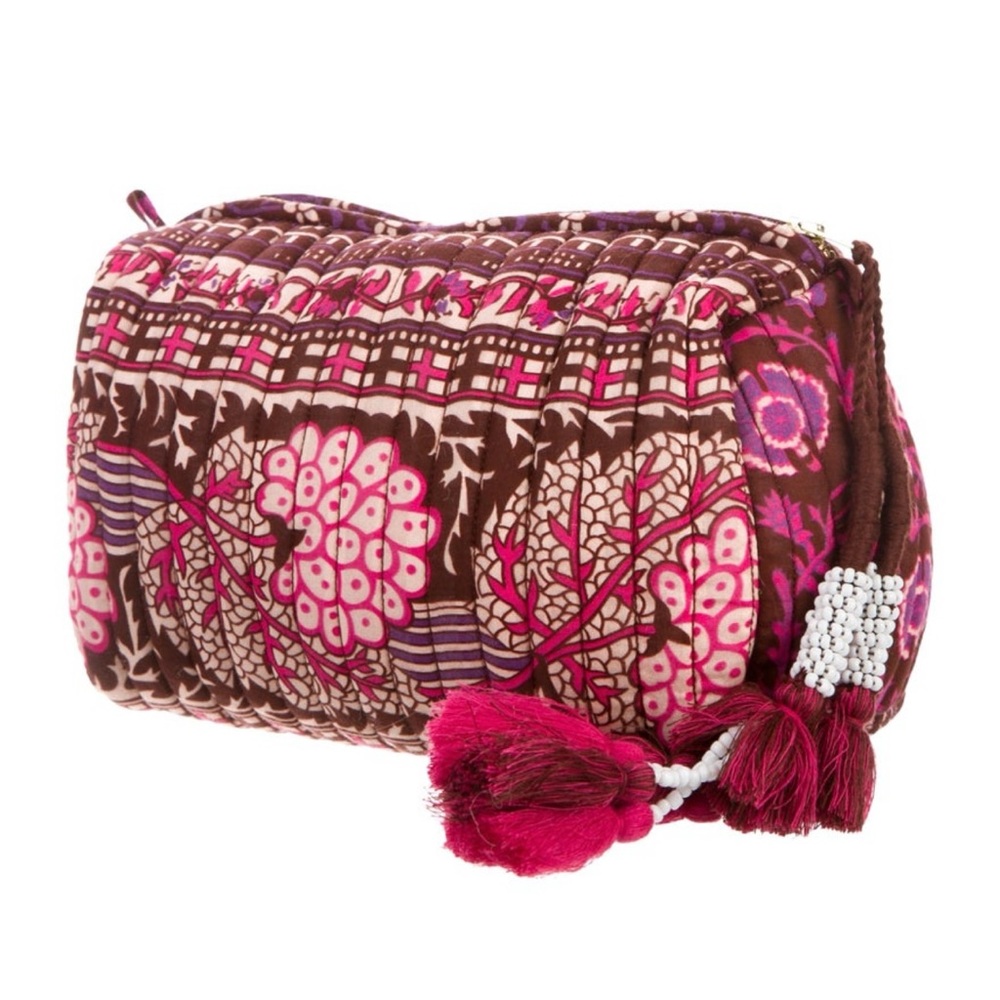 NWOT Ulla Johnson Priya Pink and Brown Cosmetic Bag with beaded tassels